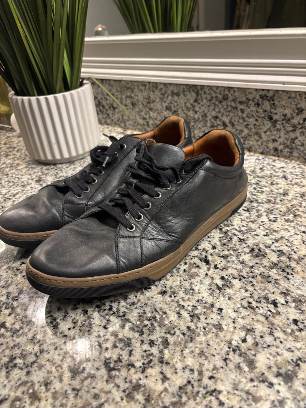 Johnston & Murphy Black Leather Sneakers with Brown Sole